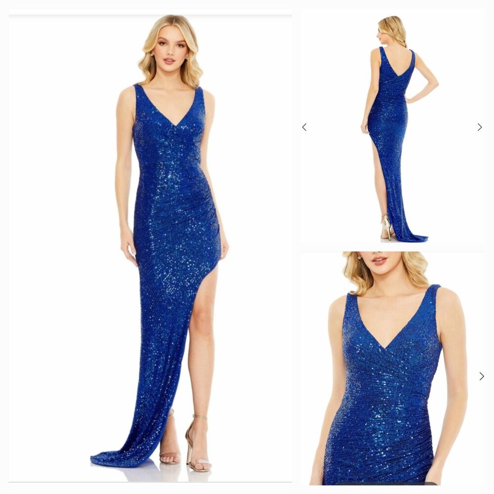 New MAC DUGGAL  A11275 (2) Cobalt Blue Full Sequin HIgh-Low Hem V-Neck Gown $398